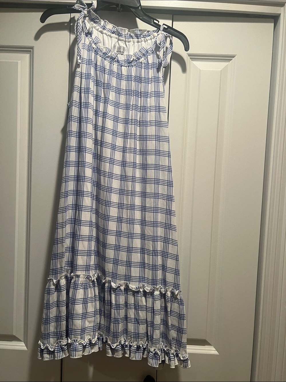 Robbie Bee White and Blue Plaid Maxi Dress with Ruffle Hem